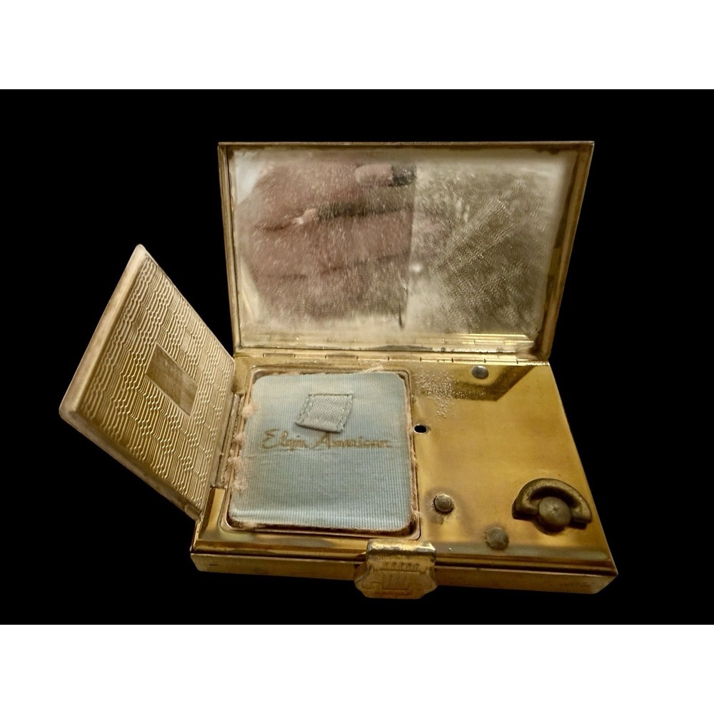 Vtg Elgin American Music Powder Box Gold tone W/Lyre Shaped Latch